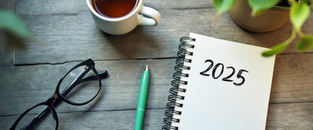 A serene workspace features a cup of coffee, a notepad marked 2025, and stylish glasses, creating an inviting atmosphere for reflection and goal-setting. This image captures the essence of preparation and optimism, perfect for inspiring productivity and new beginnings.の素材