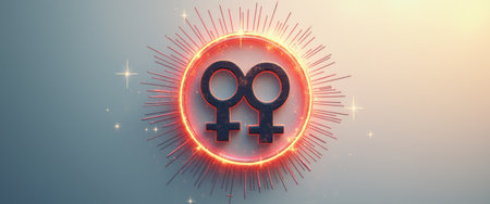 A striking female gender symbol is encircled by a radiant halo of light, creating a powerful and uplifting visual. This image embodies empowerment and celebration of femininity, with sparkling accents that enhance its dynamic presence.の素材