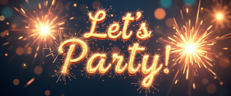 The vibrant text Lets Party glimmers with sparkling lights, surrounded by dazzling fireworks that burst in celebration. This lively image radiates joy and excitement, perfect for inviting friends to a festive gathering or special event.の素材