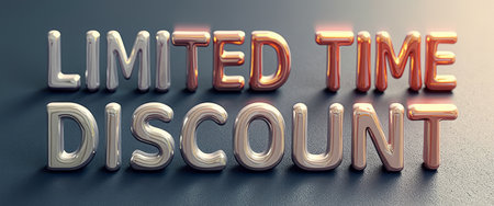 The image features bold, glossy 3D letters spelling out LIMITED TIME DISCOUNT, radiating a sense of urgency and excitement. The metallic sheen and gradient colors create a striking visual appeal, making it perfect for promotional materials.の素材