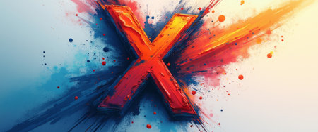A striking red X bursts forth from a vibrant background, radiating energy and creativity. The vivid splashes of blue and orange surrounding it create a sense of movement and excitement, making this image perfect for conveying boldness and innovation.の素材