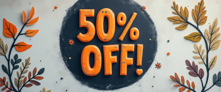 A striking 50 OFF sign in vibrant orange stands out against a dark circular background, surrounded by beautifully crafted autumn leaves. This eye-catching design captures the essence of seasonal sales, inviting shoppers to take advantage of incredible discounts while celebrating the beauty of fall.の素材