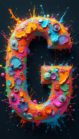 A striking 3D representation of the letter G bursts with vivid colors and playful textures, creating an eye-catching visual spectacle. The dynamic splashes of paint in neon pinks, blues, and greens evoke a sense of creativity and joy, making it perfect for artistic projects or branding.の素材