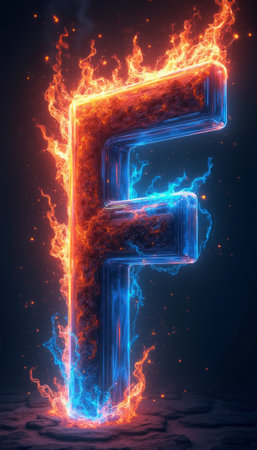 A stunning 3D representation of the letter F is engulfed in vibrant blue and orange flames, creating a striking visual contrast. This electrifying image captures the essence of energy and creativity, making it perfect for dynamic branding or artistic projects.の素材