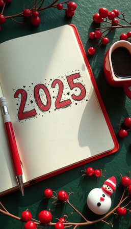 A charming scene featuring a notebook open to the year 2025, surrounded by vibrant red berries and a cozy cup of coffee. This delightful composition captures the spirit of celebration and new beginnings, inviting viewers to reflect on the past year while looking forward to the future.の素材