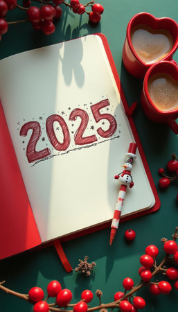 A vibrant red notebook opens to reveal the year 2025 artistically sketched, surrounded by festive decorations and two heart-shaped mugs filled with coffee. This inviting scene captures the warmth of holiday preparations, blending creativity and comfort as we welcome the New Year.の素材