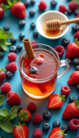 A delightful glass of berry-infused beverage sits amidst a vibrant array of fresh strawberries, raspberries, and blueberries, creating a feast for the eyes. The warm hues of the drink, complemented by a cinnamon stick and a small bowl of honey, evoke a sense of comfort and indulgence, perfect for any occasion.の素材