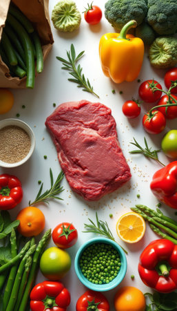 A vibrant array of fresh vegetables and a succulent piece of meat are beautifully arranged on a white surface, creating a feast for the eyes. This colorful display of ingredients, including bell peppers, tomatoes, and herbs, invites culinary creativity and healthy cooking.の素材