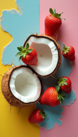 A stunning arrangement of halved coconuts and ripe strawberries creates a delightful tropical scene, set against a backdrop of pastel colors. The contrast of the earthy coconut shells with the bright, juicy strawberries evokes a sense of freshness and summer bliss, perfect for food lovers and tropical enthusiasts.の素材