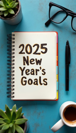 An inviting scene featuring a notebook boldly displaying 2025 New Years Goals, flanked by lush green plants and a steaming cup of coffee. This vibrant setup inspires motivation and reflection, perfect for planning a successful year ahead.の素材