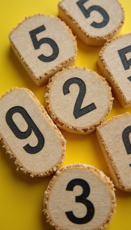 A playful arrangement of wooden number tiles featuring bold black numerals creates a cheerful and engaging visual on a vibrant yellow backdrop. This lively composition invites creativity and learning, making it perfect for educational themes or playful designs.の素材