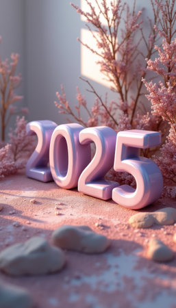The elegant numbers 2025 stand prominently in a serene pink landscape, framed by delicate, pastel-hued foliage. This dreamy scene captures the essence of new beginnings and fresh possibilities, inviting viewers to embrace the upcoming year with hope and optimism.の素材