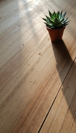A charming succulent in a terracotta pot sits gracefully on a sunlit wooden table, casting a soft shadow. This serene composition highlights the beauty of nature and simplicity, inviting a sense of calm and tranquility into any space.の素材
