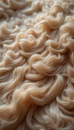 An intricate close-up of soft, wavy strands creates a mesmerizing texture that invites touch and exploration. The gentle curves and creamy tones evoke a sense of warmth and comfort, perfect for cozy interiors or fashion designs.の素材
