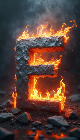 A striking letter E made of textured stone is dramatically engulfed in vibrant flames, creating a captivating contrast against a smoky backdrop. This powerful image symbolizes energy and transformation, evoking feelings of passion and intensity.の素材