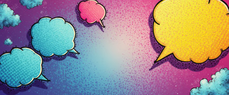 A playful array of comic-style speech bubbles in bright colors floats against a dynamic gradient background, creating an energetic and engaging atmosphere. This lively design invites creativity and conversation, perfect for projects that need a fun and expressive touch.の素材