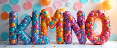 A playful arrangement of bubble letters in vibrant colors spells out KLmNO, creating a joyful and festive atmosphere. The letters are adorned with glossy bubbles in shades of pink, blue, orange, and purple, set against a cheerful backdrop of pastel circles and balloons.の素材
