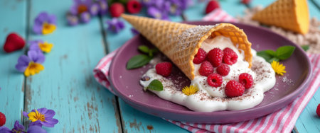 An inviting ice cream cone spills over with creamy vanilla ice cream and vibrant raspberries, set against a rustic wooden table. The scene is beautifully adorned with colorful flowers and a playful checkered napkin, evoking a sense of joy and indulgence perfect for summer treats.の素材
