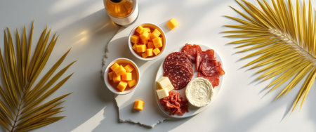 A beautifully arranged charcuterie board features an assortment of cured meats, cheeses, and vibrant mango cubes, all set against a backdrop of golden palm leaves. This inviting spread evokes a sense of relaxation and indulgence, perfect for a sunny gathering or a cozy evening with friends.の素材
