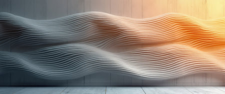 A stunning wall featuring flowing, wavy textures creates a captivating visual experience, illuminated by warm orange light. This modern design element evokes a sense of tranquility and movement, perfect for contemporary spaces.の素材