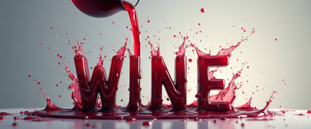 A captivating scene showcases a vibrant splash of red wine pouring into the three-dimensional letters spelling WINE. The dramatic contrast between the rich crimson liquid and the sleek, glossy letters creates an enticing visual that celebrates the joy of wine.の素材