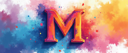 A striking letter M stands out prominently against a dynamic backdrop of colorful splashes, creating an energetic and artistic vibe. This eye-catching design is perfect for conveying creativity and enthusiasm, making it ideal for branding or promotional materials.の素材