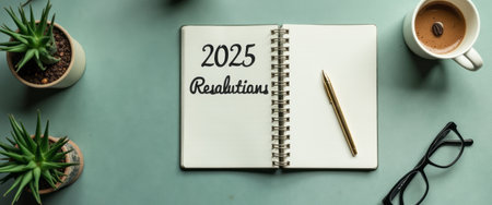 An open notebook with 2025 Resolutions elegantly scripted on the page invites reflection and planning for the upcoming year. Surrounded by a cozy atmosphere, a steaming cup of coffee and small potted plants enhance the scene, symbolizing growth and new beginnings.の素材