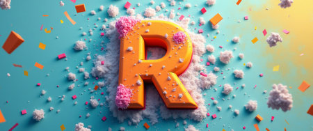 A vibrant 3D letter R in bright orange stands out against a turquoise background, playfully adorned with fluffy snow and colorful confetti. This festive scene captures the joy and excitement of celebration, making it perfect for winter-themed designs or holiday promotions.の素材