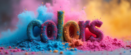 The word colors stands boldly amidst a dazzling cloud of vibrant powder in shades of blue, pink, and yellow. This lively scene captures the essence of creativity and joy, inviting viewers to celebrate the beauty and diversity of colors in life.の素材