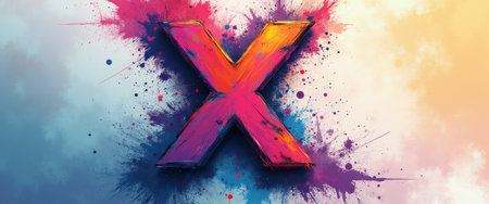 A striking letter X bursts with energy, enveloped by a kaleidoscope of colorful splashes that evoke creativity and excitement. This dynamic composition captures the essence of artistic expression, making it perfect for projects that celebrate innovation and boldness.の素材