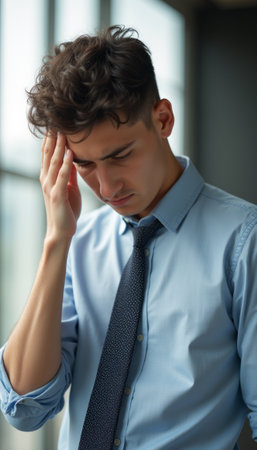 A young man with tousled dark hair, dressed in a light blue shirt and patterned tie, appears deep in thought, his hand resting on his forehead. This poignant moment captures the weight of stress and contemplation, reflecting the challenges of modern life and the emotional toll they can take.の素材