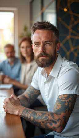 A focused man with striking tattoos sits at a conference table, exuding confidence and determination. Behind him, two colleagues engage in discussion, creating a dynamic atmosphere of collaboration and professionalism.の素材