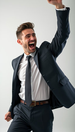 A dapper young man in a sleek black suit exudes exuberance as he raises his arm in triumph against a clean, light background. His infectious smile and confident pose radiate positivity and achievement, making this image perfect for themes of success and motivation.の素材