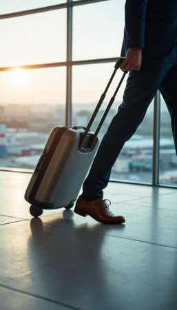 A sharply dressed man strides confidently through a sleek airport terminal, pulling a stylish silver suitcase behind him. The warm glow of the setting sun filters through the large windows, creating a dynamic atmosphere of adventure and anticipation.の素材