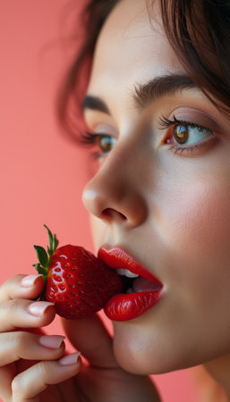 A stunning close-up of a woman with captivating features, gently holding a ripe strawberry near her lips. The image radiates freshness and allure, showcasing the perfect blend of beauty and nature, with a soft pink background enhancing the vibrant colors.の素材
