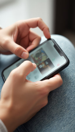 A close-up view of a persons hands, one light and one dark, skillfully navigating a smartphone screen, showcasing modern technology in action. The image captures the essence of digital interaction, highlighting the seamless blend of diverse skin tones in everyday life.の素材