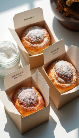 Three beautifully baked pastries, dusted with powdered sugar, sit in chic dessert boxes, inviting indulgence. The warm golden hues of the pastries contrast with the soft white sugar, creating a mouthwatering scene that evokes a sense of comfort and delight.の素材