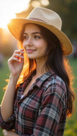A beautiful young woman with long, flowing hair and a straw hat gazes thoughtfully into the distance, illuminated by the warm glow of a sunset. Her plaid shirt adds a touch of rustic charm, perfectly complementing the serene outdoor setting and evoking feelings of tranquility and joy.の素材