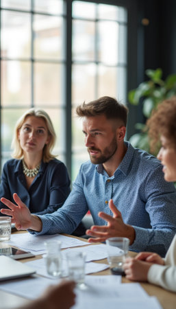 A dynamic scene captures three professionals in a modern meeting room, passionately exchanging ideas. The man in a blue shirt gestures animatedly, while a woman with blonde hair listens intently, creating an atmosphere of collaboration and innovation.の素材