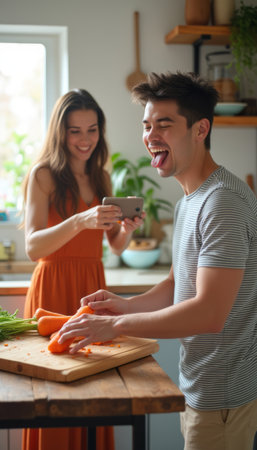 A cheerful young couple enjoys a lighthearted moment in their bright kitchen, with the man playfully sticking out his tongue while chopping carrots. The woman captures the fun on her phone, showcasing their joyful connection and the warmth of shared culinary experiences.の素材