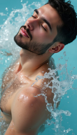 A handsome young man with a well-groomed beard is captured mid-splash, eyes closed in bliss as water droplets cascade around him. This vibrant image radiates a sense of freedom and joy, inviting viewers to experience the refreshing embrace of water and the exhilaration of life.の素材