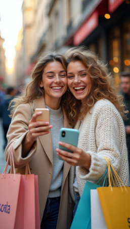 Two cheerful women, one with long blonde hair and the other with curly brown locks, are smiling brightly as they hold their smartphones and colorful shopping bags. Their infectious laughter and vibrant energy create a lively atmosphere, capturing the essence of friendship and the joy of a day spent shopping together.の素材
