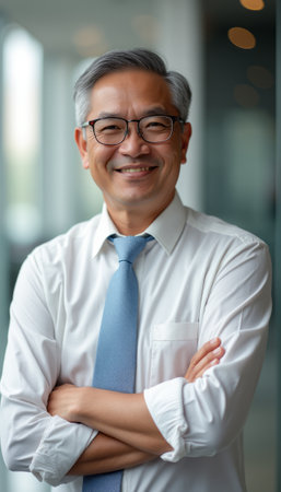 A distinguished middle-aged Asian man stands confidently with his arms crossed, exuding professionalism and warmth. His friendly smile and stylish attire, complete with a light blue tie, create an inviting atmosphere, perfect for corporate settings or business profiles.の素材