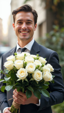 A dapper young man, dressed in a sleek suit, beams with joy as he presents a stunning bouquet of white roses. His warm smile and elegant attire create a romantic atmosphere, perfect for special occasions like anniversaries or proposals.の素材