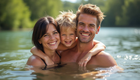 A happy couple and their young son share a delightful moment in a serene lake, surrounded by lush greenery. Their radiant smiles and playful embrace capture the essence of family joy and togetherness on a warm summer day.の素材