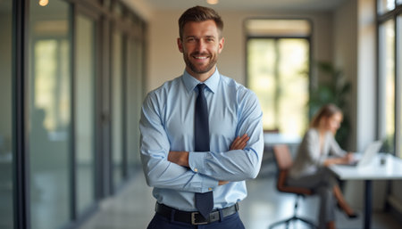 A charismatic businessman stands confidently with arms crossed, exuding professionalism in a sleek, modern office environment. Behind him, a focused woman works diligently at her desk, highlighting a collaborative and productive atmosphere.の素材