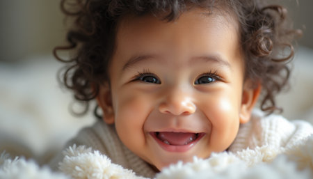 This heartwarming image captures a delightful baby with curly hair, radiating pure joy with a bright smile. The soft, cozy background enhances the warmth of the moment, inviting viewers to share in the happiness of childhood.の素材