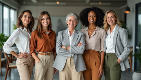 A diverse group of five confident women stands together in a modern office setting, exuding professionalism and camaraderie. Their stylish outfits and warm smiles create an inviting atmosphere, showcasing the strength and unity of women in the workplace.の素材