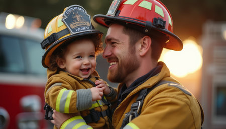 A proud firefighter cradles a cheerful toddler in his arms, both beaming with joy against a warm, glowing backdrop. This heartwarming moment captures the bond of love and safety, showcasing the heroism of firefighters and the innocence of childhood.の素材