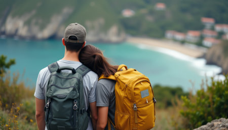 A young couple, wearing casual attire and backpacks, share a tender moment while gazing at a breathtaking coastal landscape. The vibrant colors of their backpacks contrast beautifully with the serene blue waters and lush greenery, creating a perfect backdrop for love and adventure.の素材